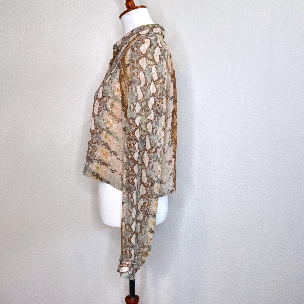 WILFRED Aritizia Henrietta Sheer Crop Blouse LG Snake Print Tans Career Wear LS - Picture 5 of 8